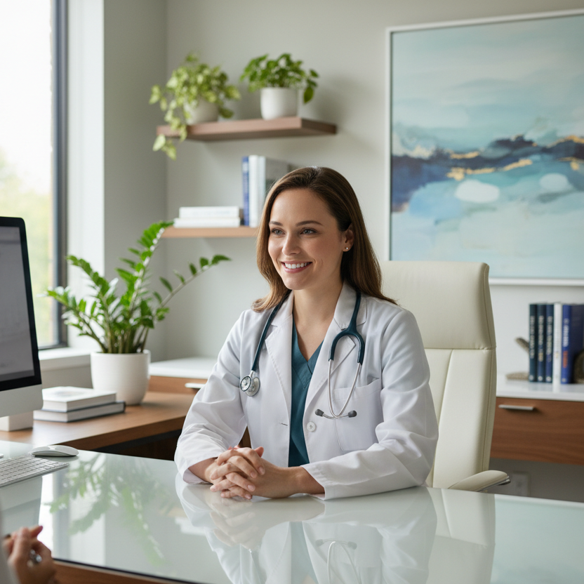 medecin souriant en consultation